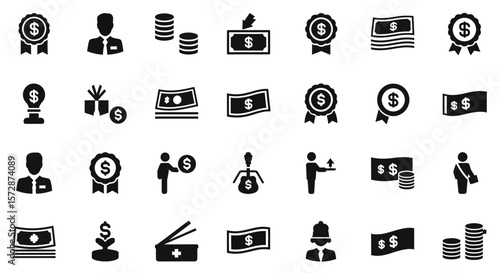 Set of Vector Icons Collection of Black and White Financial Icons Representing Money and Finance. Vector Illustrations. EPS Editable