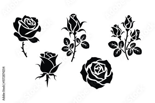 Black rose silhouettes with leaves and thorns floral botanical
