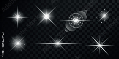 Set of light effects silver white glowing light isolated on transparent background. Solar flare with rays and glare. Glow effect. Star burst with shimmering sparkles	