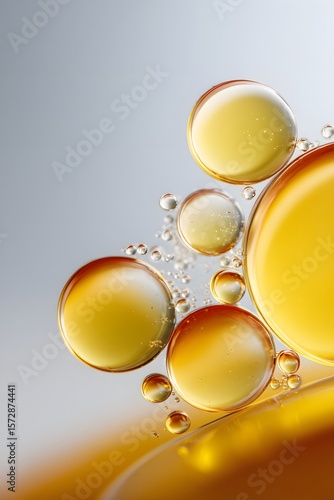 Close-up of transparent golden oil bubbles with smaller air bubbles inside, showcasing the texture and viscosity of the liquid