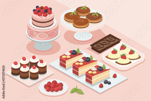 Vector isometric dessert buffet with various sweets and treats.