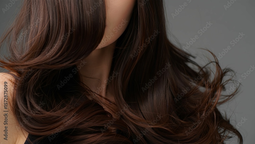 Close up of a woman s healthy flowing dark brown hair with subtle highlights against a gray background Close up of a woman s healthy flowing dark brown hair with subtle highlights against a gray background