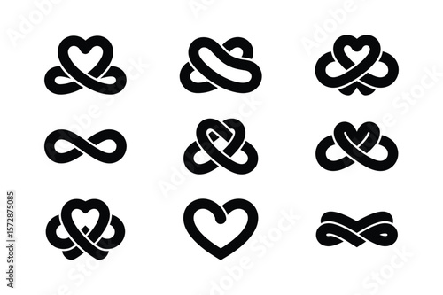 Intertwined hearts infinity symbol and abstract shapes knot black