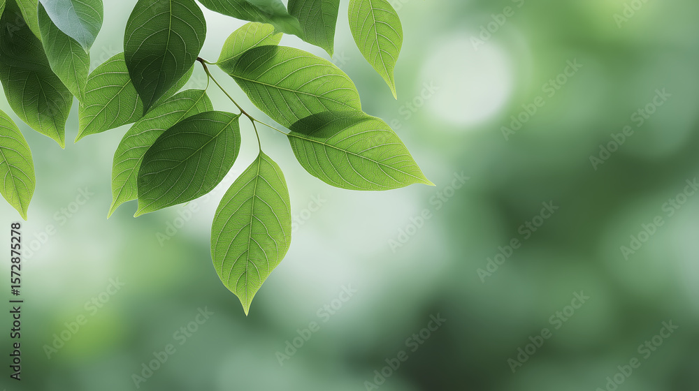 Fototapeta premium Green leaves gently swaying in the breeze, showcasing vibrant foliage against a soft blurred background, creating a serene and peaceful natural atmosphere
