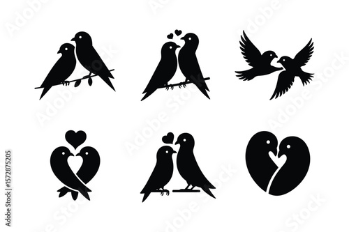 Pair of birds in silhouette with hearts and on branches love romance