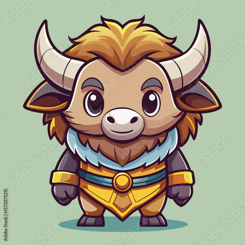 Cute, stylized, anthropomorphic yak character with large horns, expressive eyes, and a warm color palette