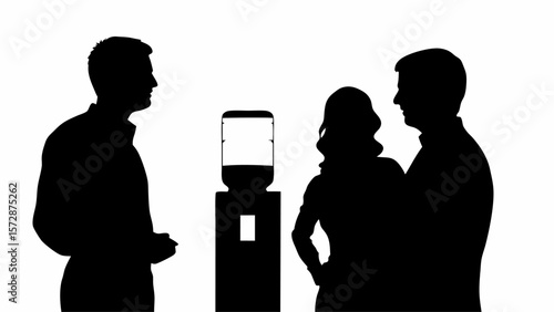 Silhouetted figures gathered around a water cooler in an office setting for a break time chat