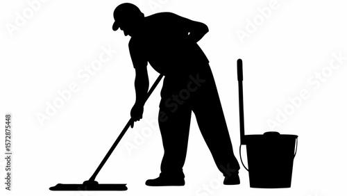 Silhouette of a man mopping the floor with a bucket and mop standing nearby in black and white style