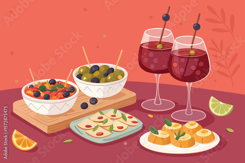 A vibrant vector illustration depicting a lively tapas bar scene with various small dishes, olives, and sangria.