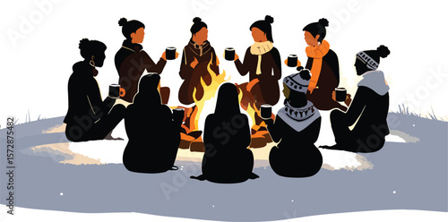 Group of People Sitting Around a Campfire in Winter