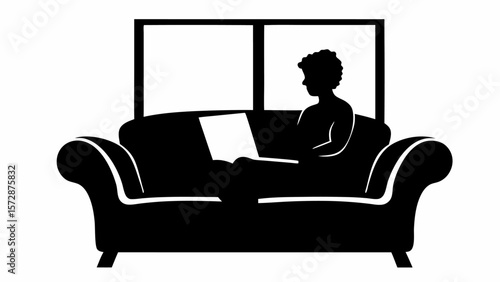 Silhouette of person using laptop on couch in front of window in black and white vector image