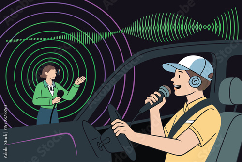 Vector illustration of a racing driver communicating with a team via radio.