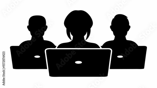 Three silhouettes of people working on laptops in a row facing away from the viewer in black and white