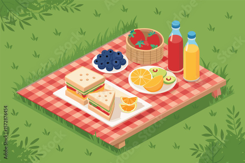 Vector isometric picnic table with sandwiches and fruit.