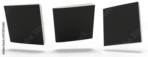 Three square booklets with black blank covers floating over the floor, isolated on white background, mockup illustration.