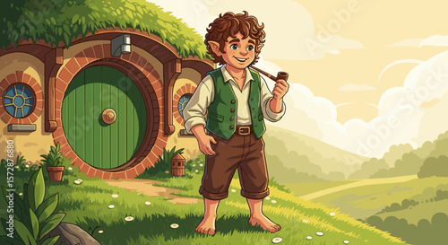 Young hobbit standing outside his round door with pipe in hand, concept of Hobbit Day  