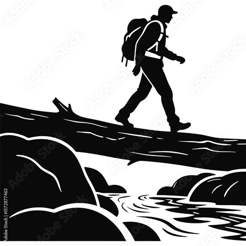 Adventure Hiker Crossing Creek on Fallen Log Black and White Silhouette Illustration