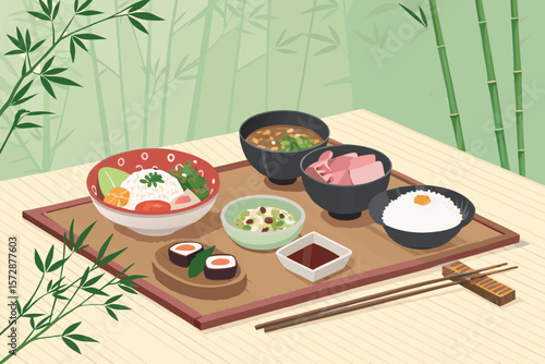 Vector illustration of a meticulously arranged Japanese kaiseki meal.
