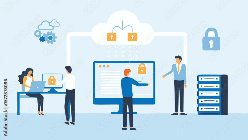 Illustration of cloud computing security with people interacting with data and servers online Illustration of cloud computing security with people interacting with data and servers online
