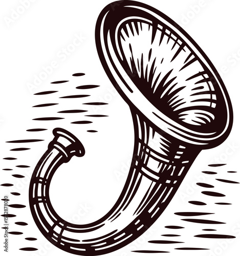 Hand drawn vintage engraving illustration of old brass trumpet horn isolated on white background