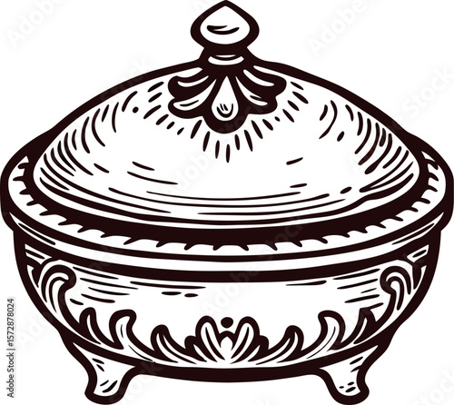 Ornate antique lidded dish with floral engravings and decorative handles on elegant short legs illustration