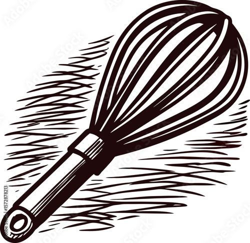 Hand drawn kitchen whisk isolated on white vintage etched illustration of a wire cooking utensil with handle