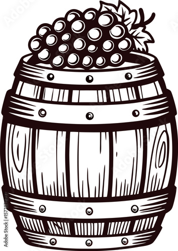 Hand drawn wooden wine barrel with grape cluster and leaf in vintage engraving