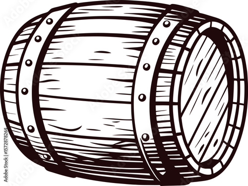 Hand drawn vintage wooden barrel in black and white engraved illustration
