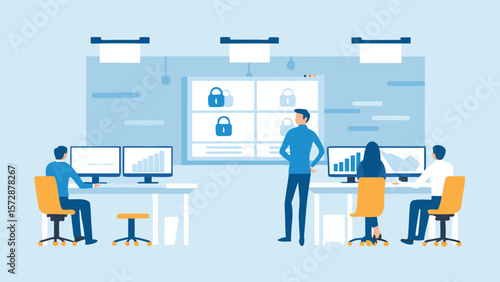 People working at computers in a security operations center with lock icons on a large screen monitor