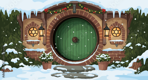Hobbit-themed green door with snow and festive decorations  
