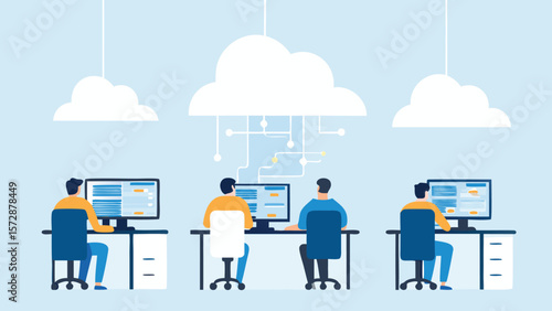 Illustration of people working at computers connected to a cloud network in a light blue office