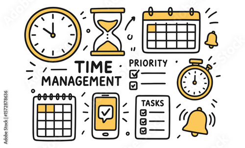 Time management icons: schedules, priorities, and tasks illustrated in yellow and black