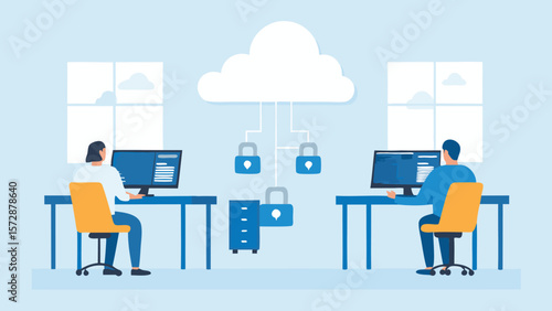 Two people working at computers connected to a cloud with security locks and a filing cabinet in between