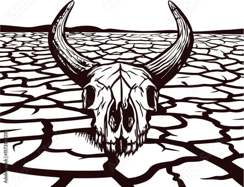 Bison skull with horns on cracked dry earth drought landscape illustration in monochrome engraving
