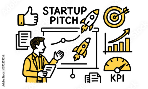Male business presentation: startup pitch with rocket and kpi graphics