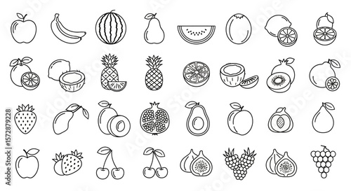 Fruits and Healthy Food Outline Icon Set