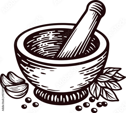 Hand drawn mortar and pestle with herbs and spices vintage engraved black and white illustration