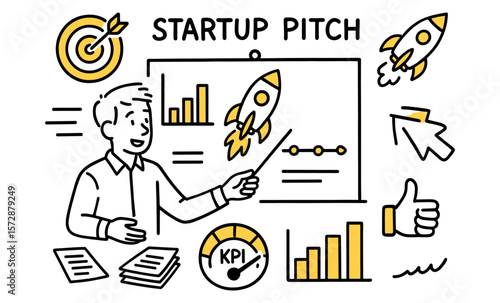 Male entrepreneur presenting startup pitch with rocket illustrations and growth charts