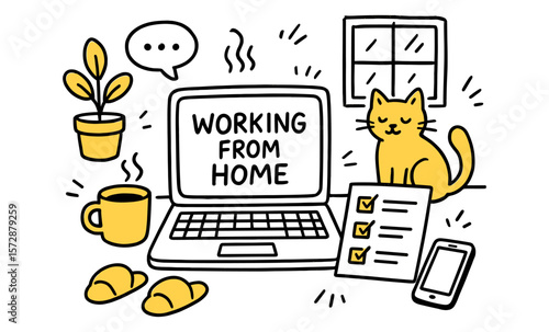 Cozy home office with laptop, coffee, cat, and checklist for remote work