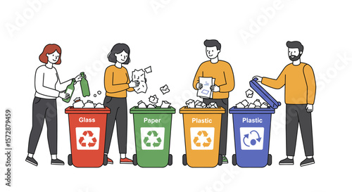 business man and woman put the trash to recycle bin
