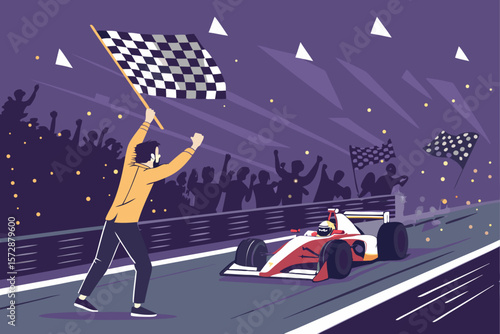 A vector illustration depicts a race track marshal waving a checkered flag, signaling the end of a competition or a victory.