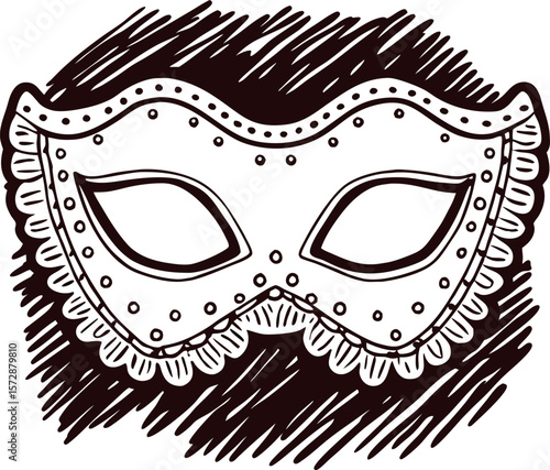 Hand drawn masquerade mask with lace edge vintage ornate party mask illustration on textured sketch background