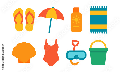 Colorful summer beach essentials: umbrella, sunscreen, snorkel, swimsuit, and more