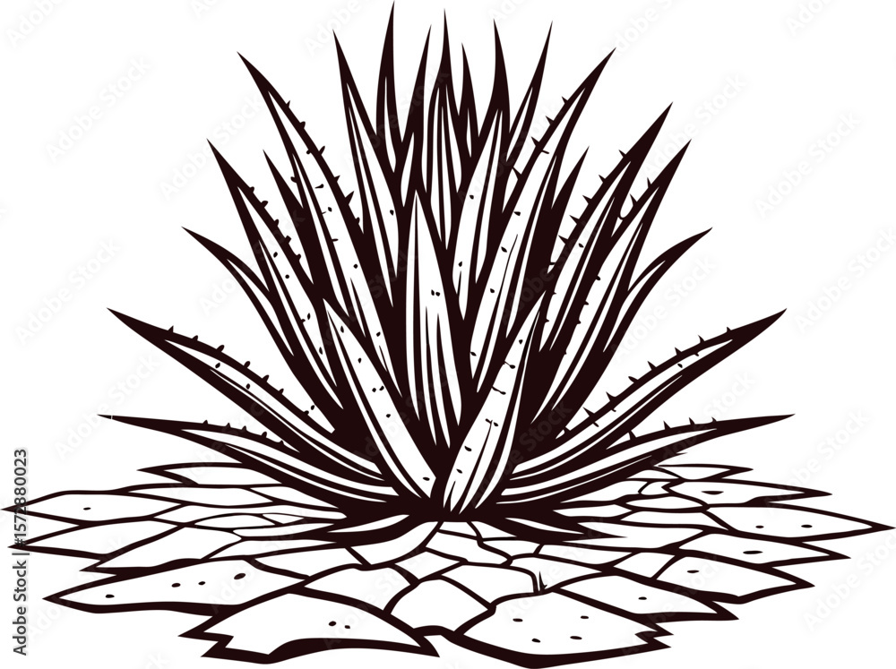 Fototapeta premium Illustration of agave plant with sharp pointed leaves growing from cracked dry ground on white background