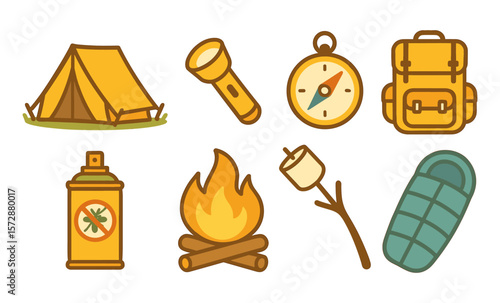 Camping essentials: tent, backpack, compass, flashlight, campfire, insect spray, sleeping bag, marshmallow