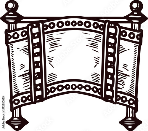 Vintage hand drawn scroll banner illustration with engraved details and ornate finials on white background