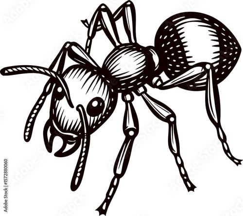 Detailed vintage engraved illustration of an ant hand drawn isolated insect with intricate black linework