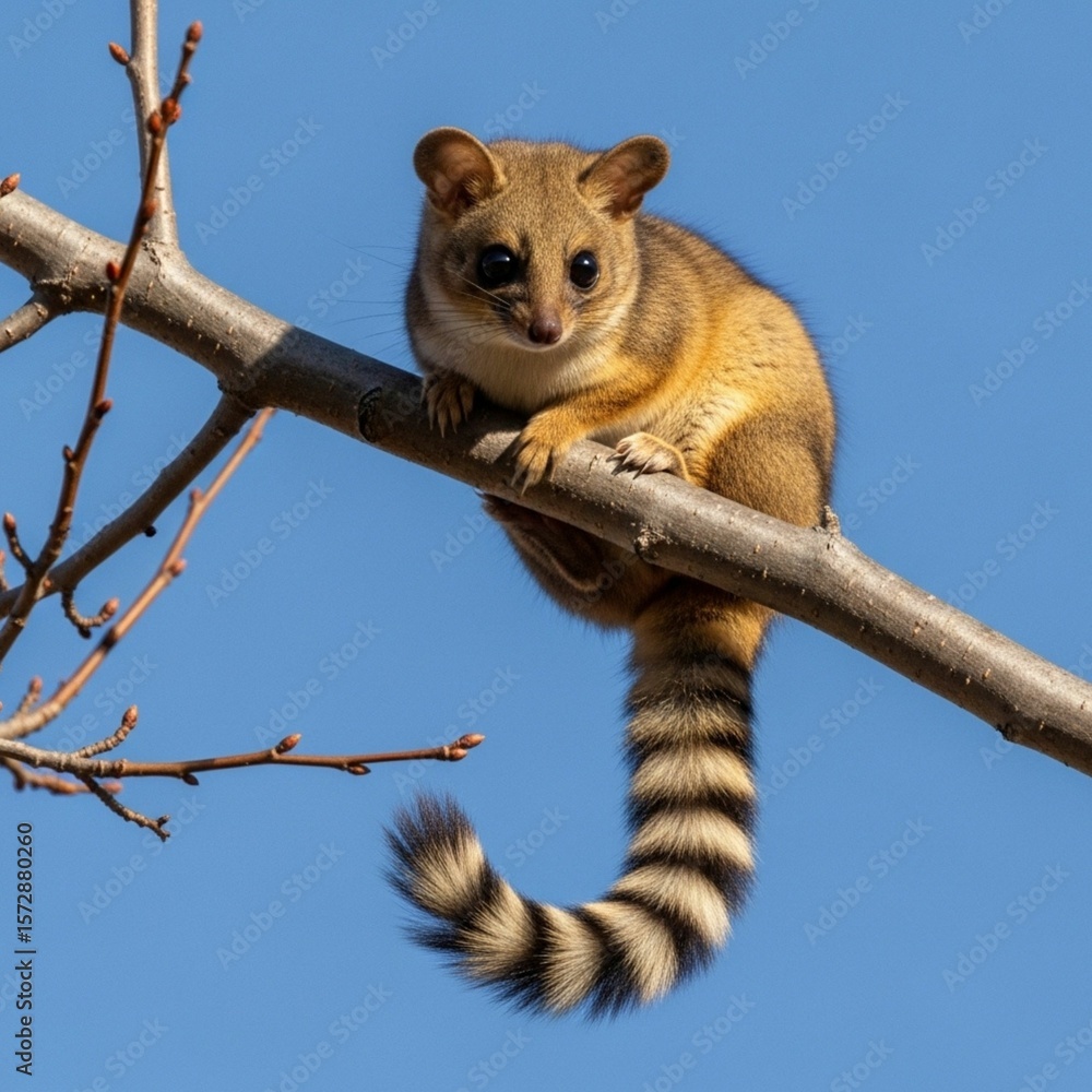 Fototapeta premium Ringtail Cat Resting Momentarily on Tree Bark
