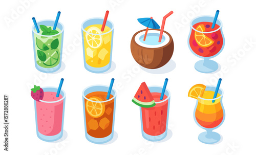 Colorful assortment of refreshing summer drinks featuring various fruits