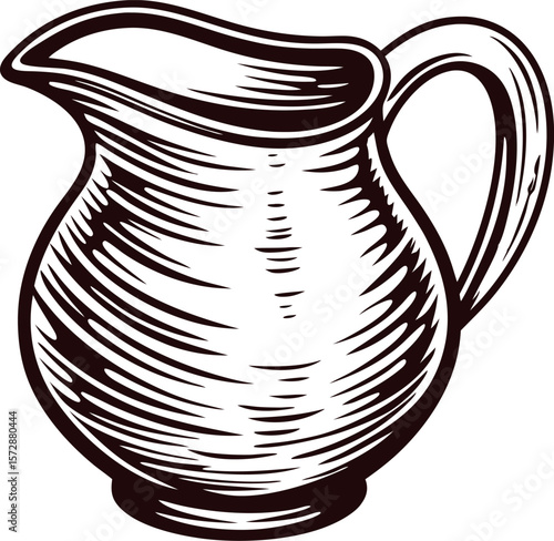 Hand drawn antique ceramic pitcher vintage engraved sketch of classic jug with curved handle and wide spout